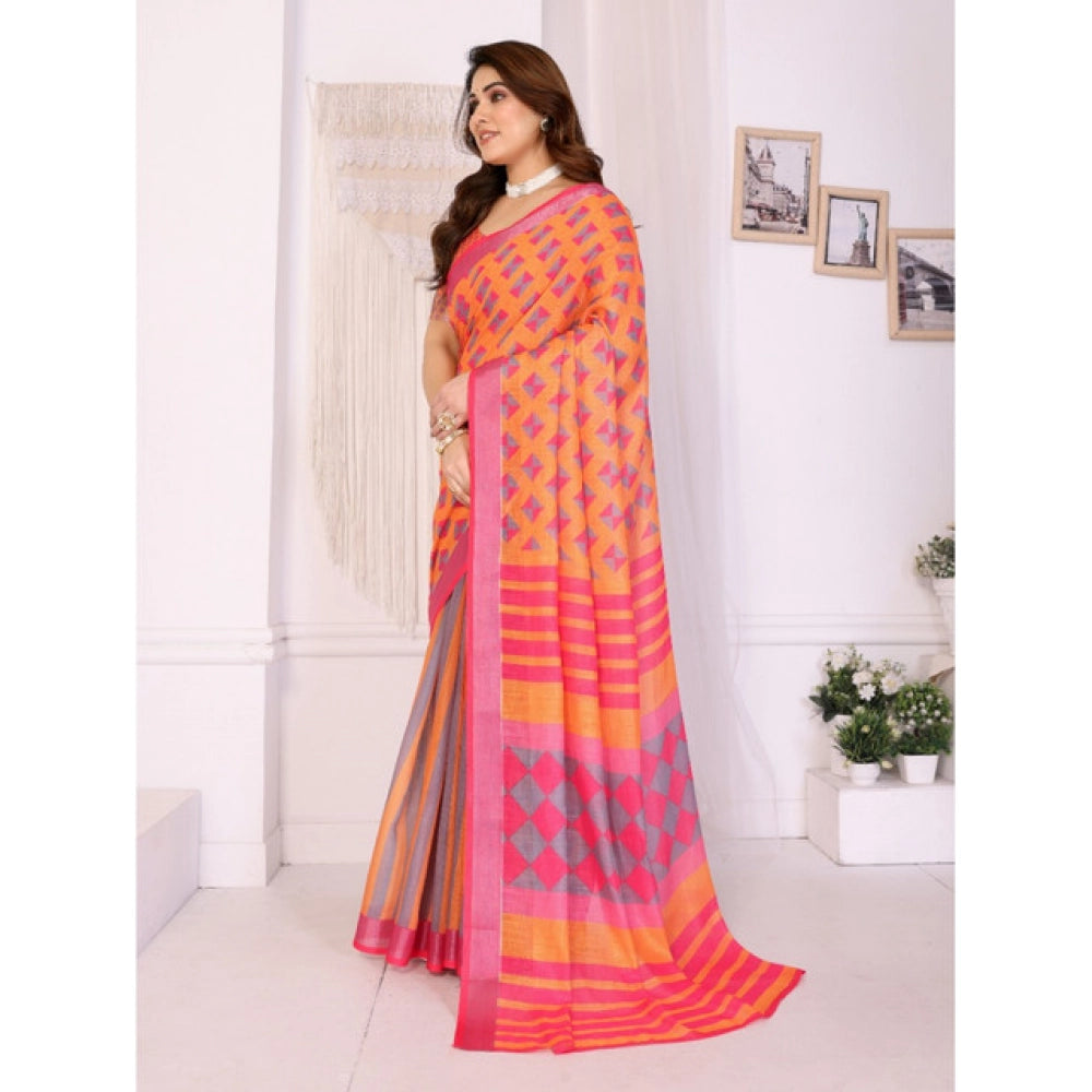 Women's Linen Cotton Printed Saree With Unstitched Blouse 5.5Mtr (Orange ) - VANSHELLE