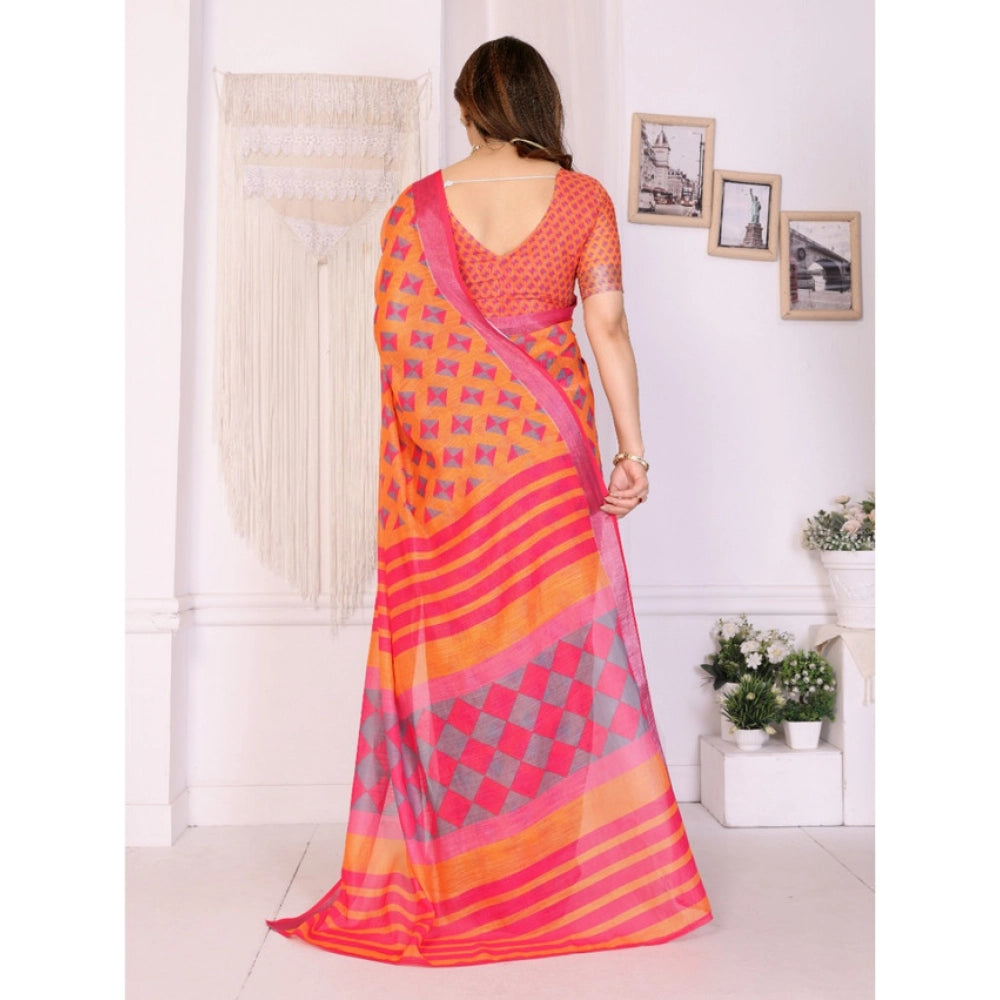 Women's Linen Cotton Printed Saree With Unstitched Blouse 5.5Mtr (Orange ) - VANSHELLE