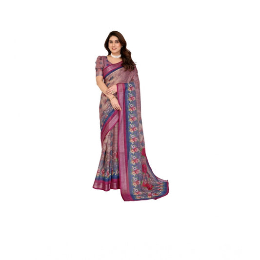 Women'S Linen Cotton Printed Saree With Unstitched Blouse 5.5M
