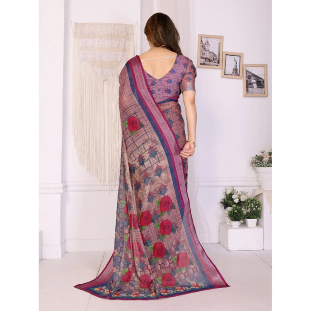 Women'S Linen Cotton Printed Saree With Unstitched Blouse 5.5M