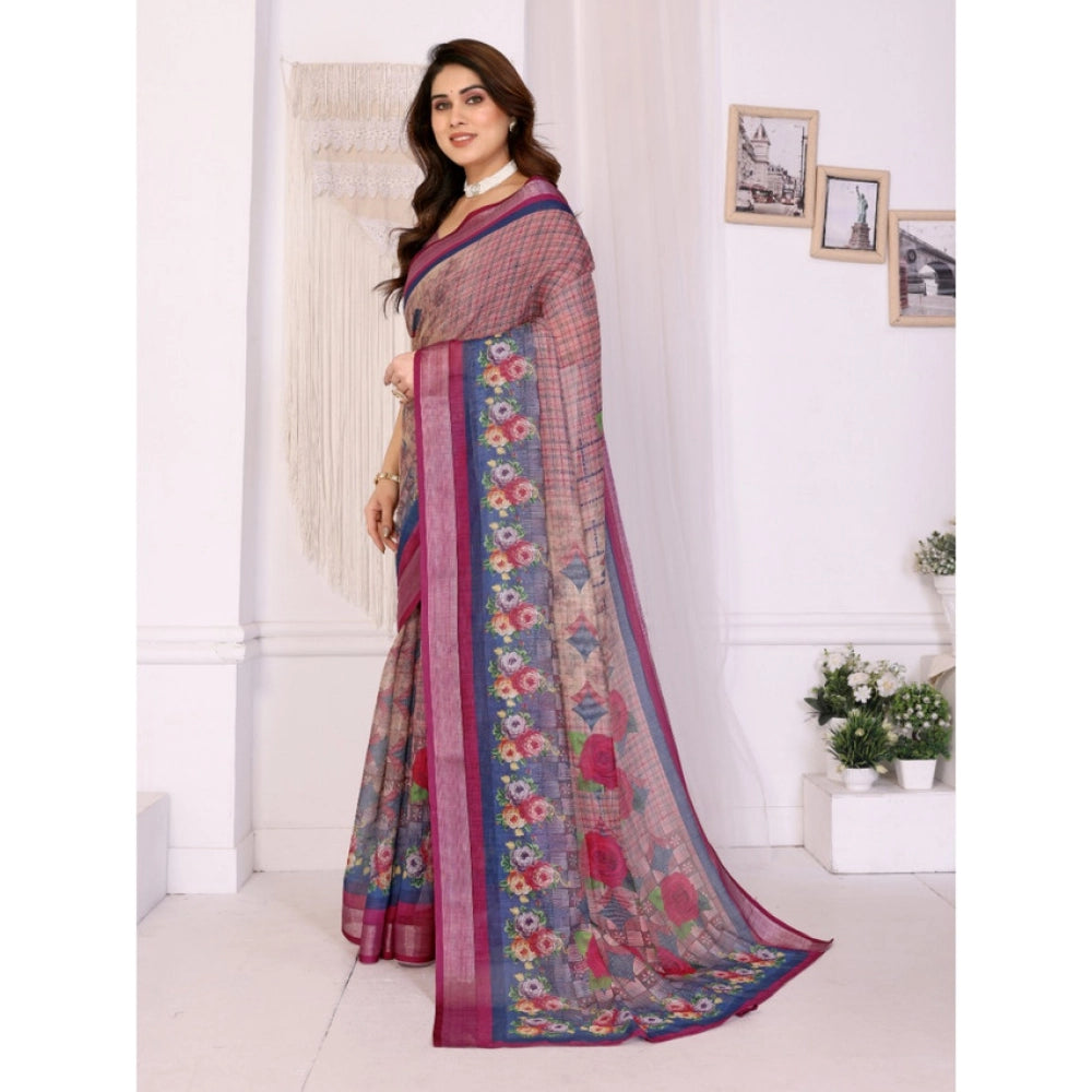 Women'S Linen Cotton Printed Saree With Unstitched Blouse 5.5M