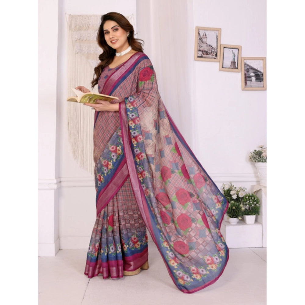 Women'S Linen Cotton Printed Saree With Unstitched Blouse 5.5M