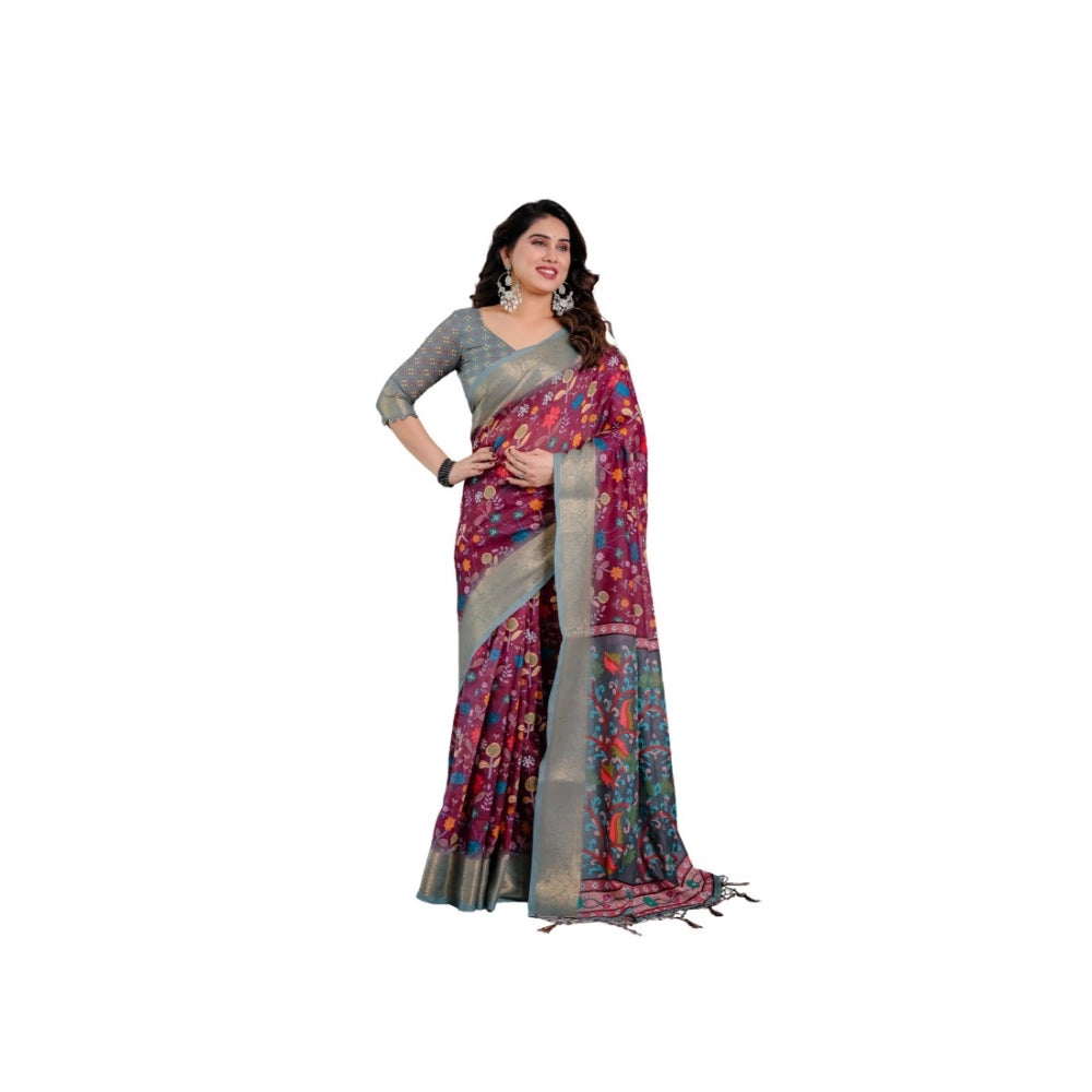 Women'S Linen Printed Saree With Unstitched Blouse 5.5Mtr (Pur