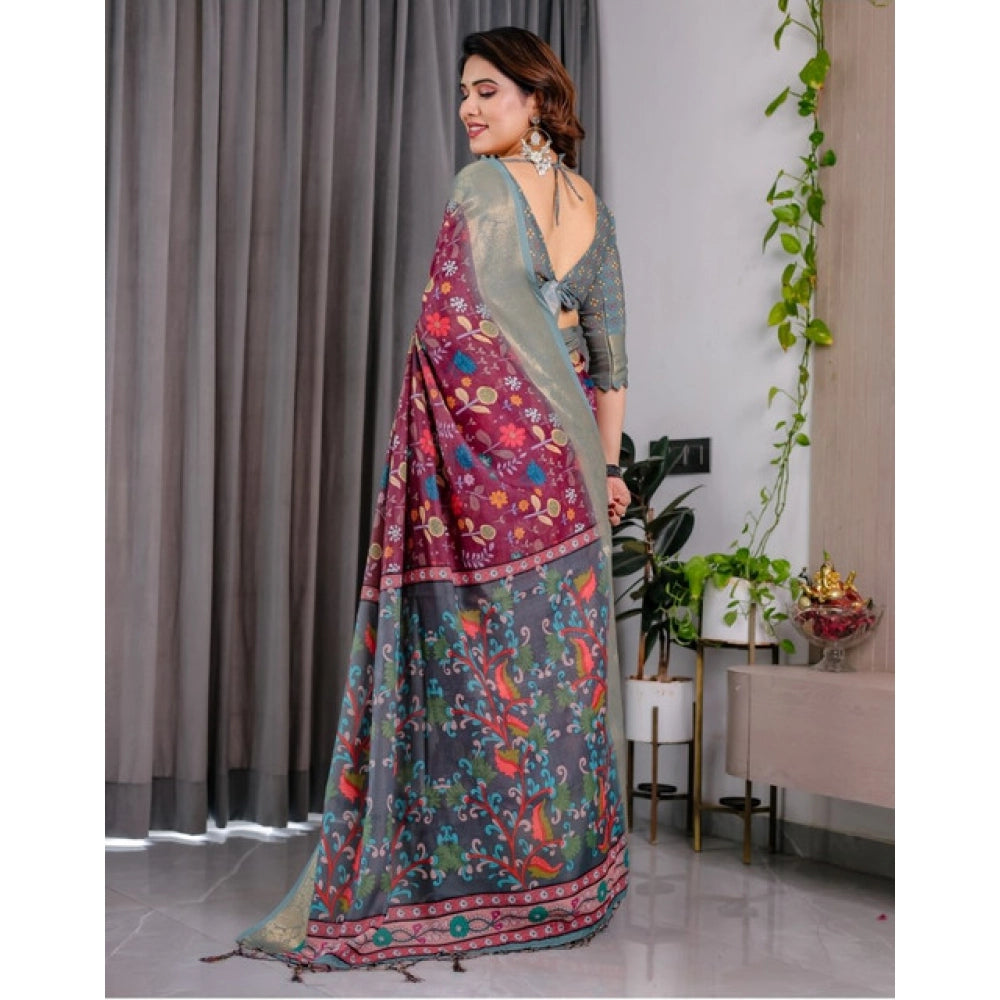 Women'S Linen Printed Saree With Unstitched Blouse 5.5Mtr (Pur