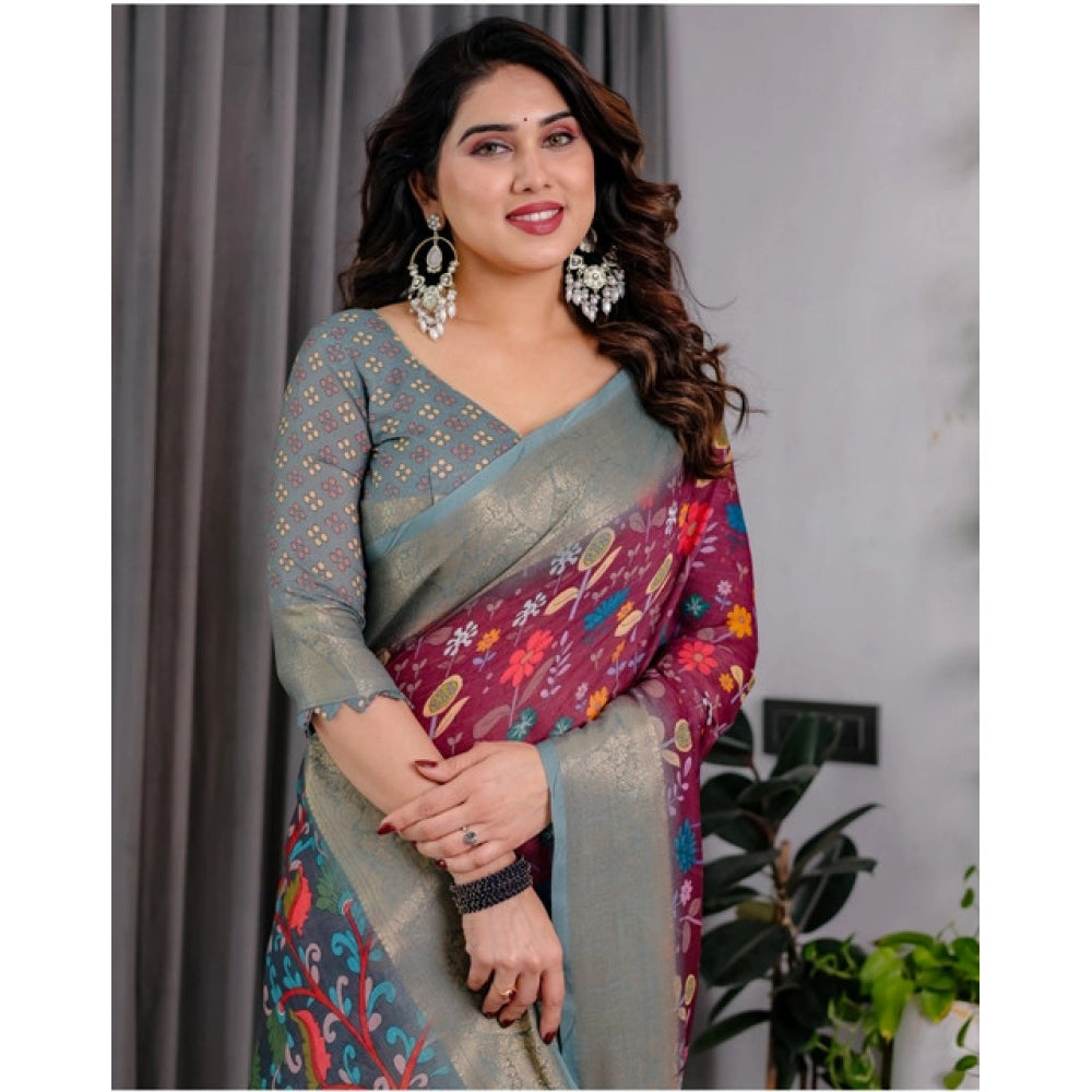 Women'S Linen Printed Saree With Unstitched Blouse 5.5Mtr (Pur
