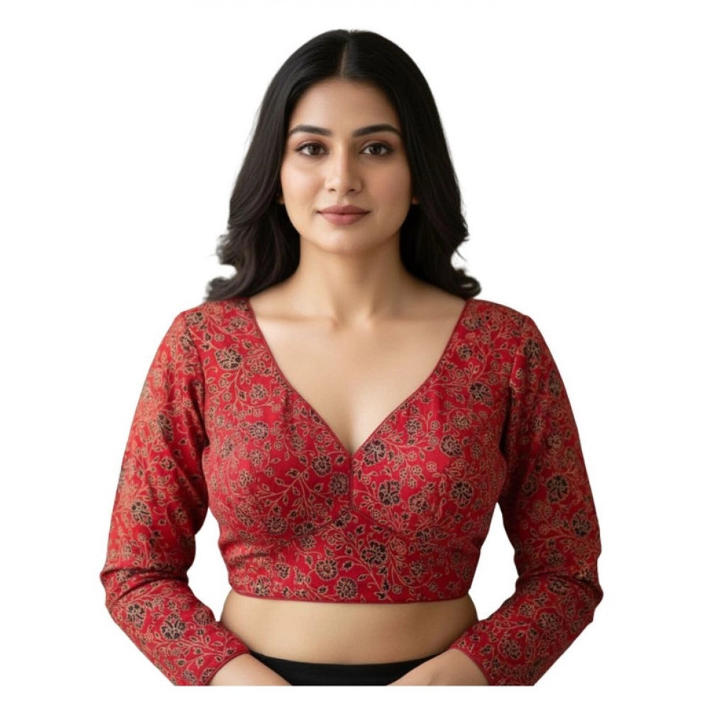 Women's Ajrakh Cotton Printed V-Neck Padded Blouse (Red 38 Ready (Self Alterable 36–40) - VANSHELLE