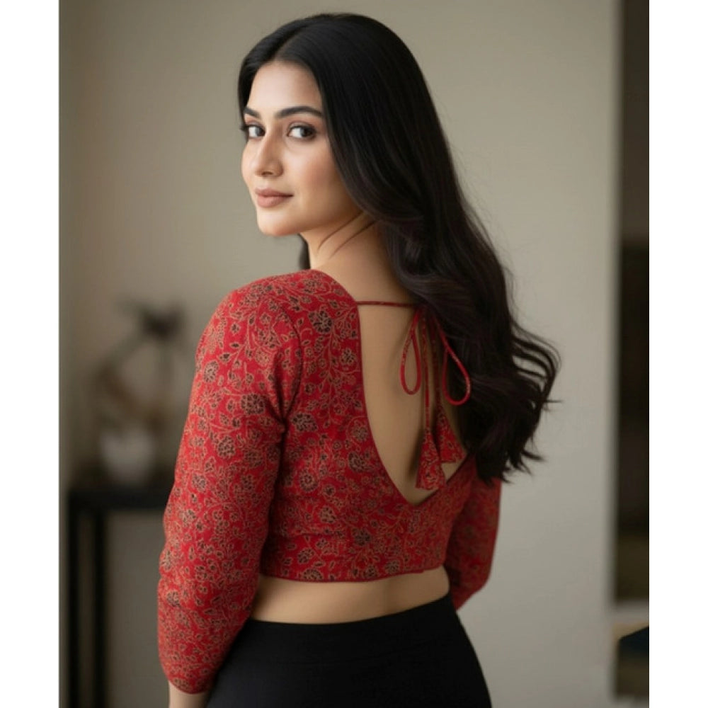 Women's Ajrakh Cotton Printed V-Neck Padded Blouse (Red 38 Ready (Self Alterable 36–40) - VANSHELLE