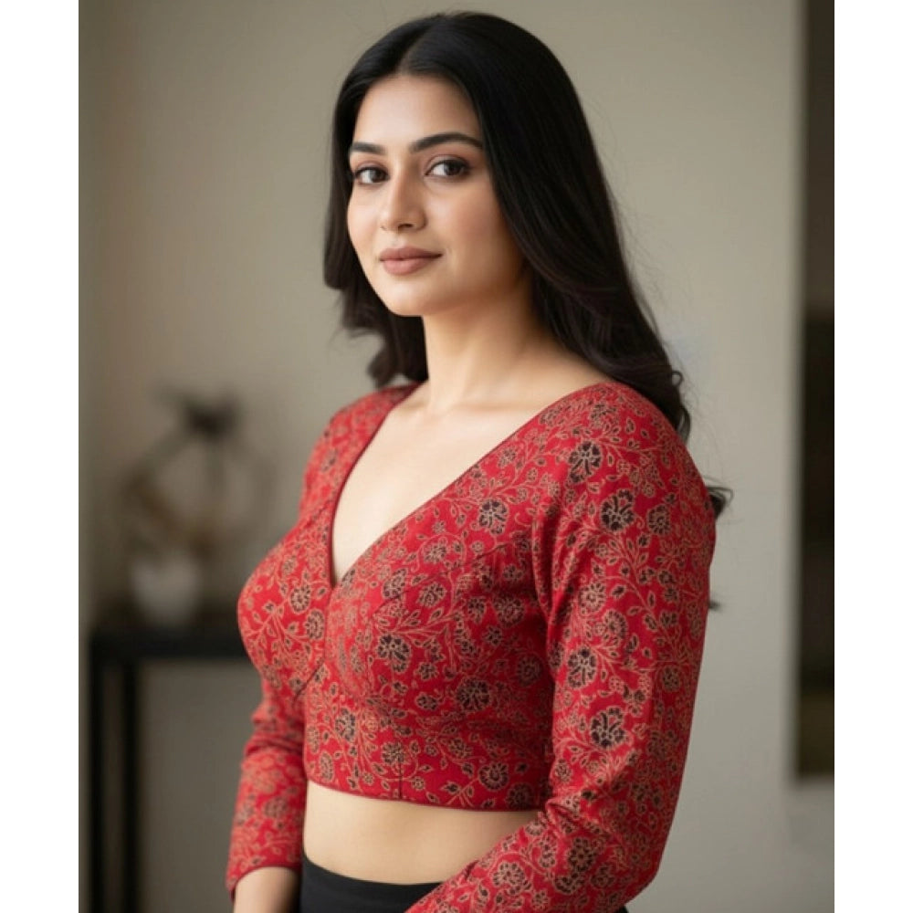 Women's Ajrakh Cotton Printed V-Neck Padded Blouse (Red 38 Ready (Self Alterable 36–40) - VANSHELLE