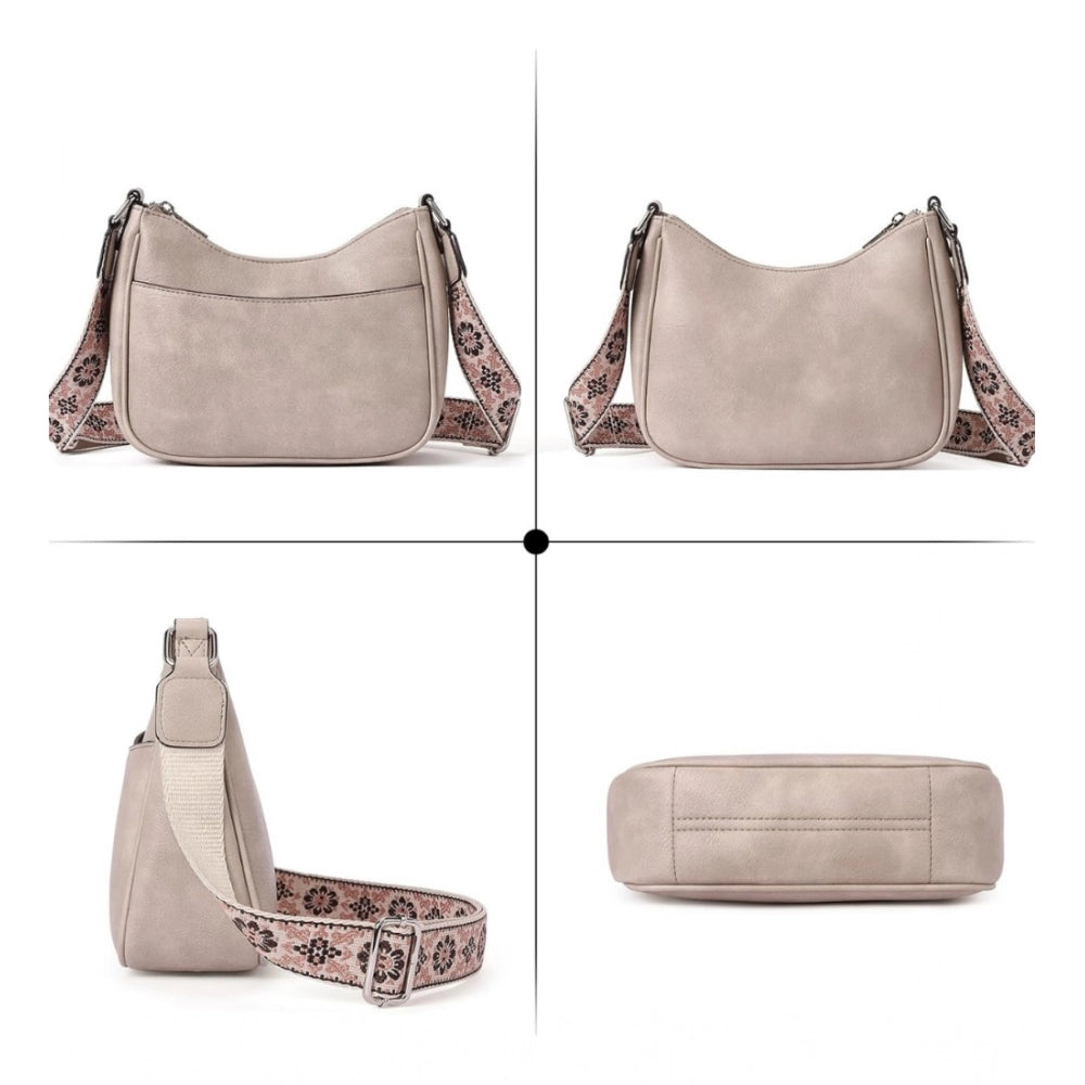 Women'S Pu Leather Zipper Sling Bag (Beige)