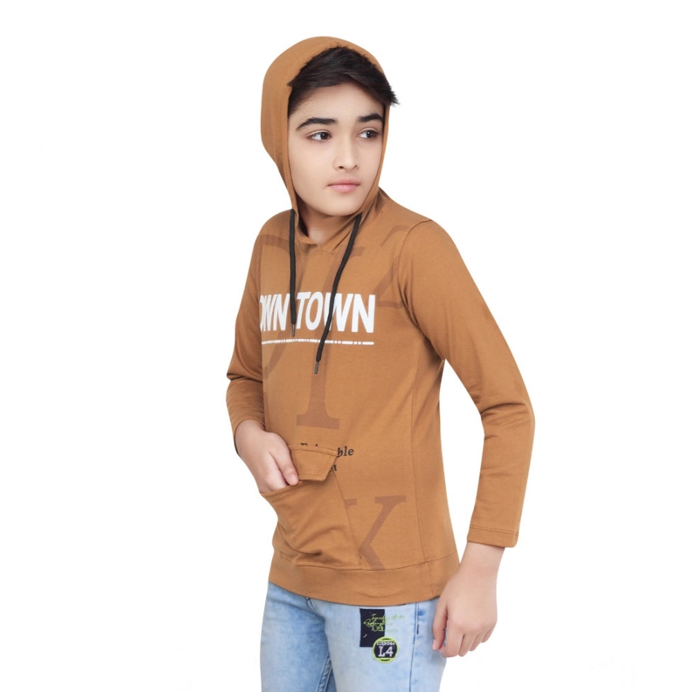 Boy'S Cotton Printeded Hooded Neck Hoodies (Brown)
