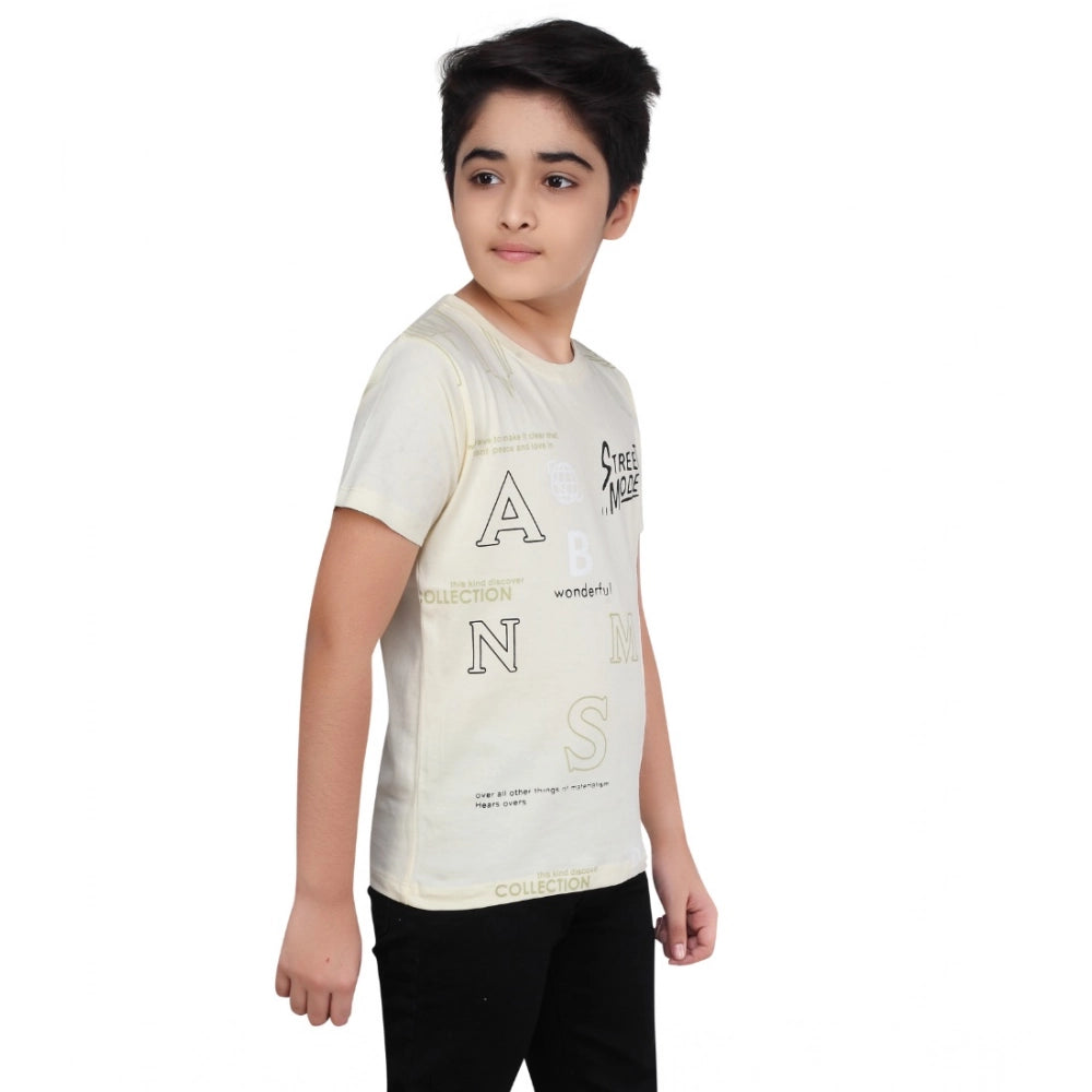 Boy'S Cotton Grapic Printed Round Neck T-Shirt (Beige )