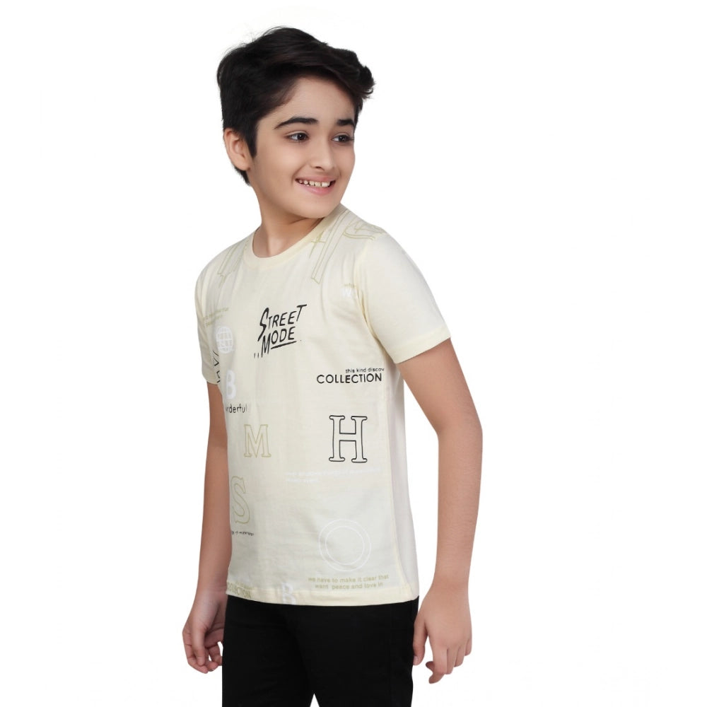 Boy'S Cotton Grapic Printed Round Neck T-Shirt (Beige )