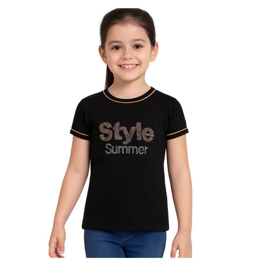 Girl'S Cotton Printeded Round Neck T-Shirt (Black)