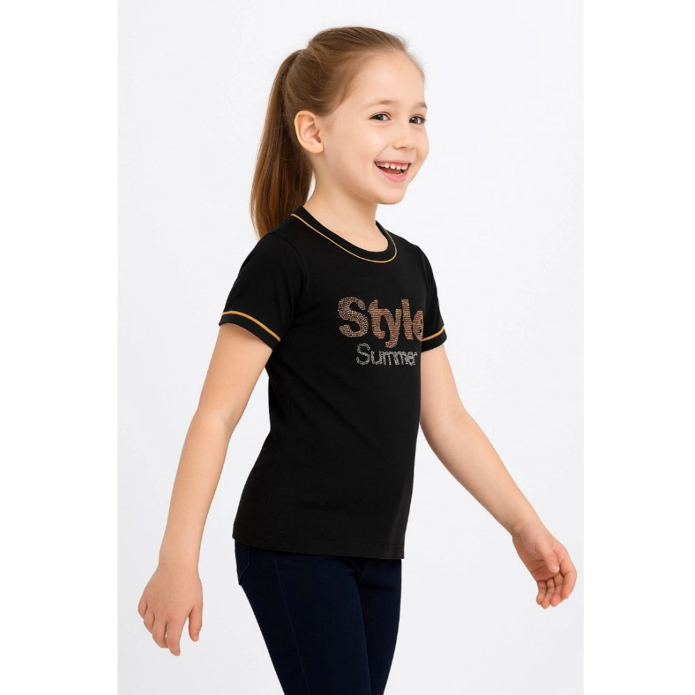 Girl'S Cotton Printeded Round Neck T-Shirt (Black)