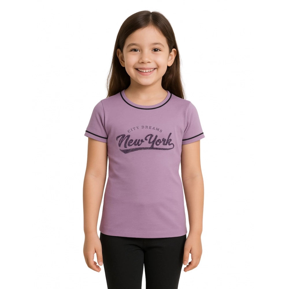 Girl'S Cotton Printeded Round Neck T-Shirt (Lavander)