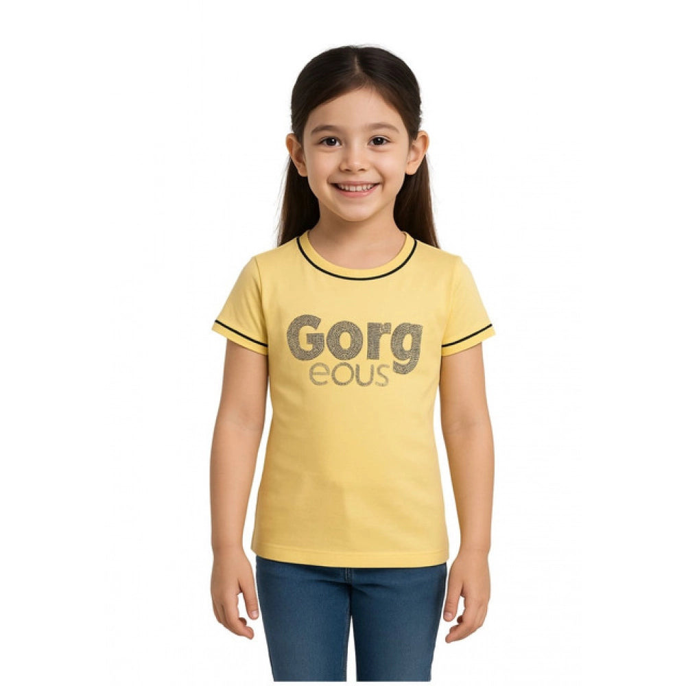 Girl'S Cotton Printeded Round Neck T-Shirt (Yellow)