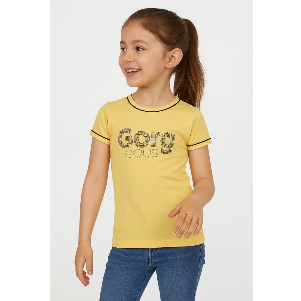 Girl'S Cotton Printeded Round Neck T-Shirt (Yellow)