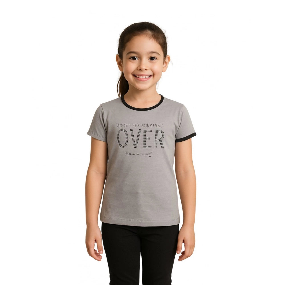 Girl'S Cotton Printeded Round Neck T-Shirt (Grey)