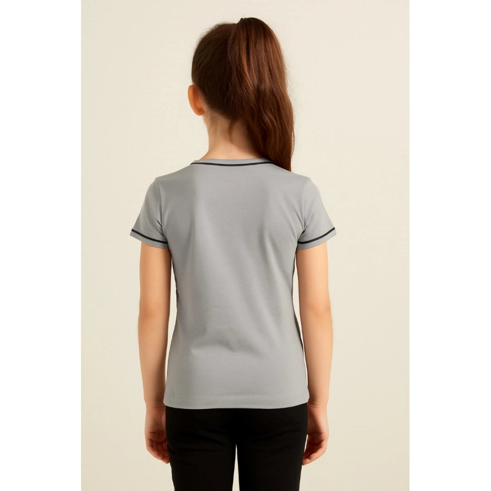 Girl'S Cotton Printeded Round Neck T-Shirt (Grey)