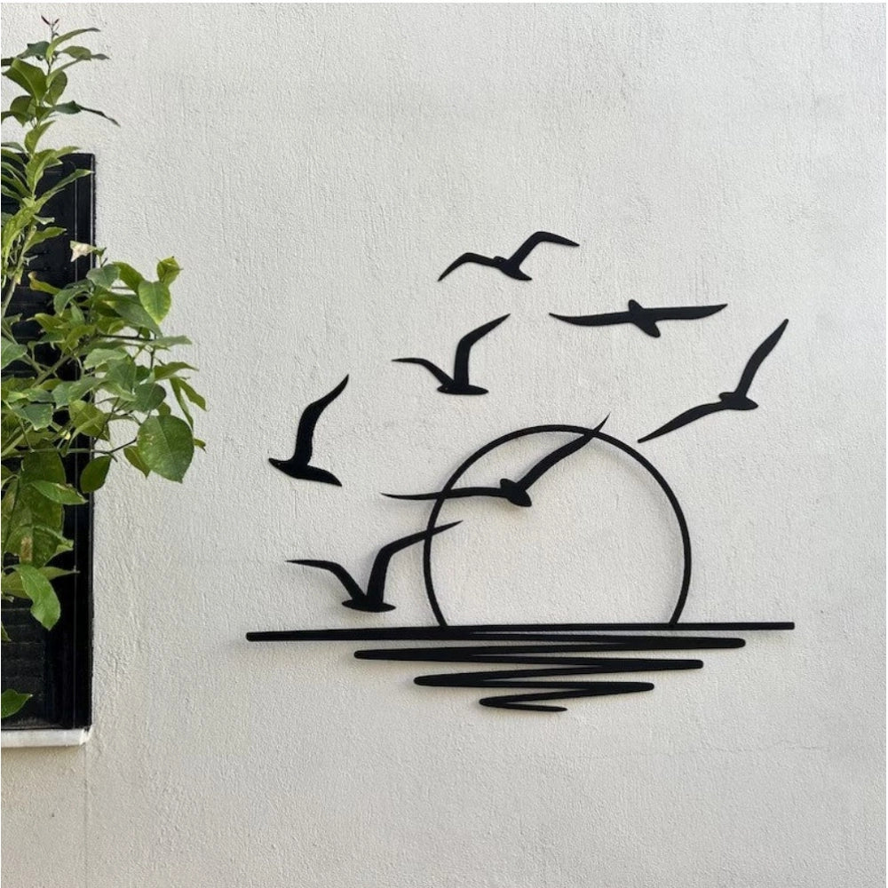 Seagulls At Sunrise Coastal Wooden Wall Decor – Black