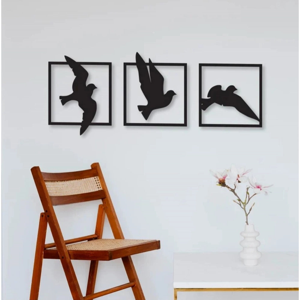 Birds In Frame Wooden Wall Decor – Set Of 3 Panels (Black)