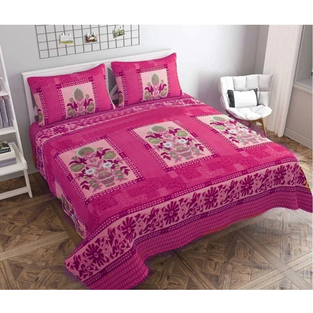 Fleece Floral Printed Double Polar Warm Bedsheet With 2 Pillow