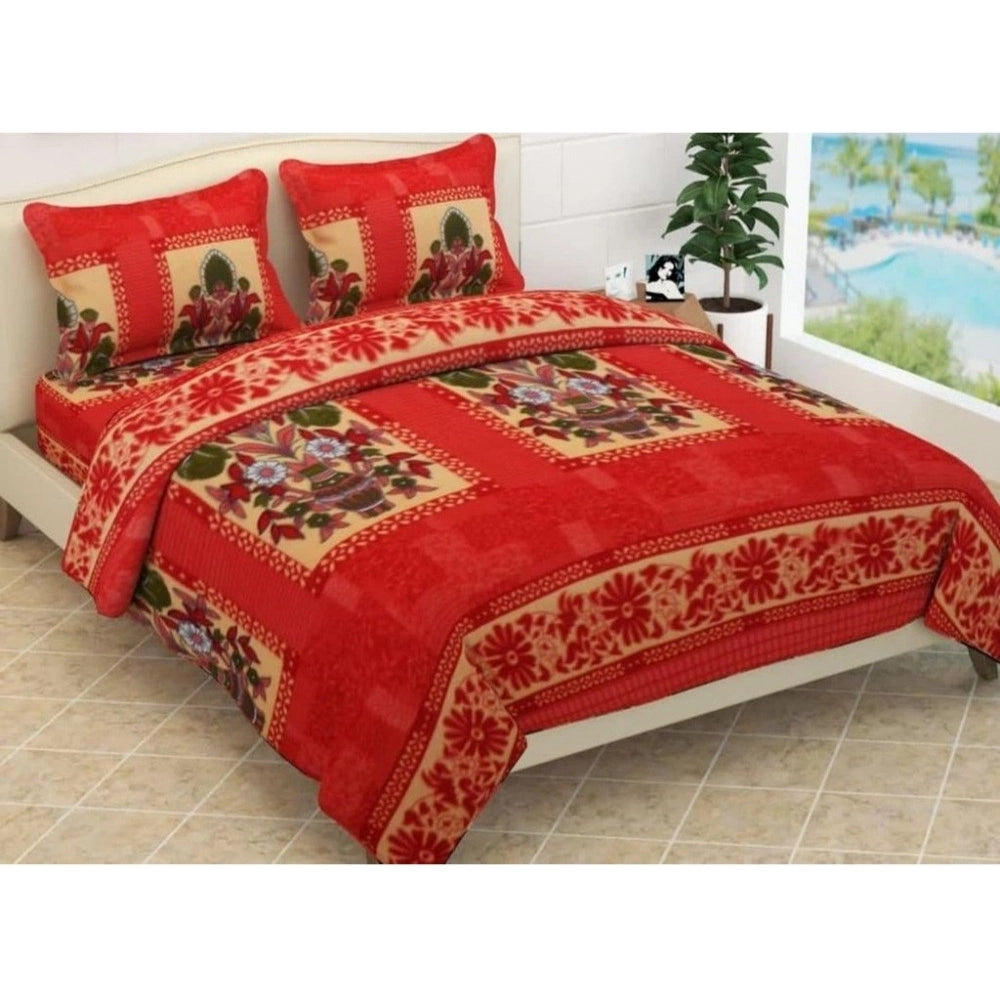 Fleece Floral Printed Double Polar Warm Bedsheet With 2 Pillow