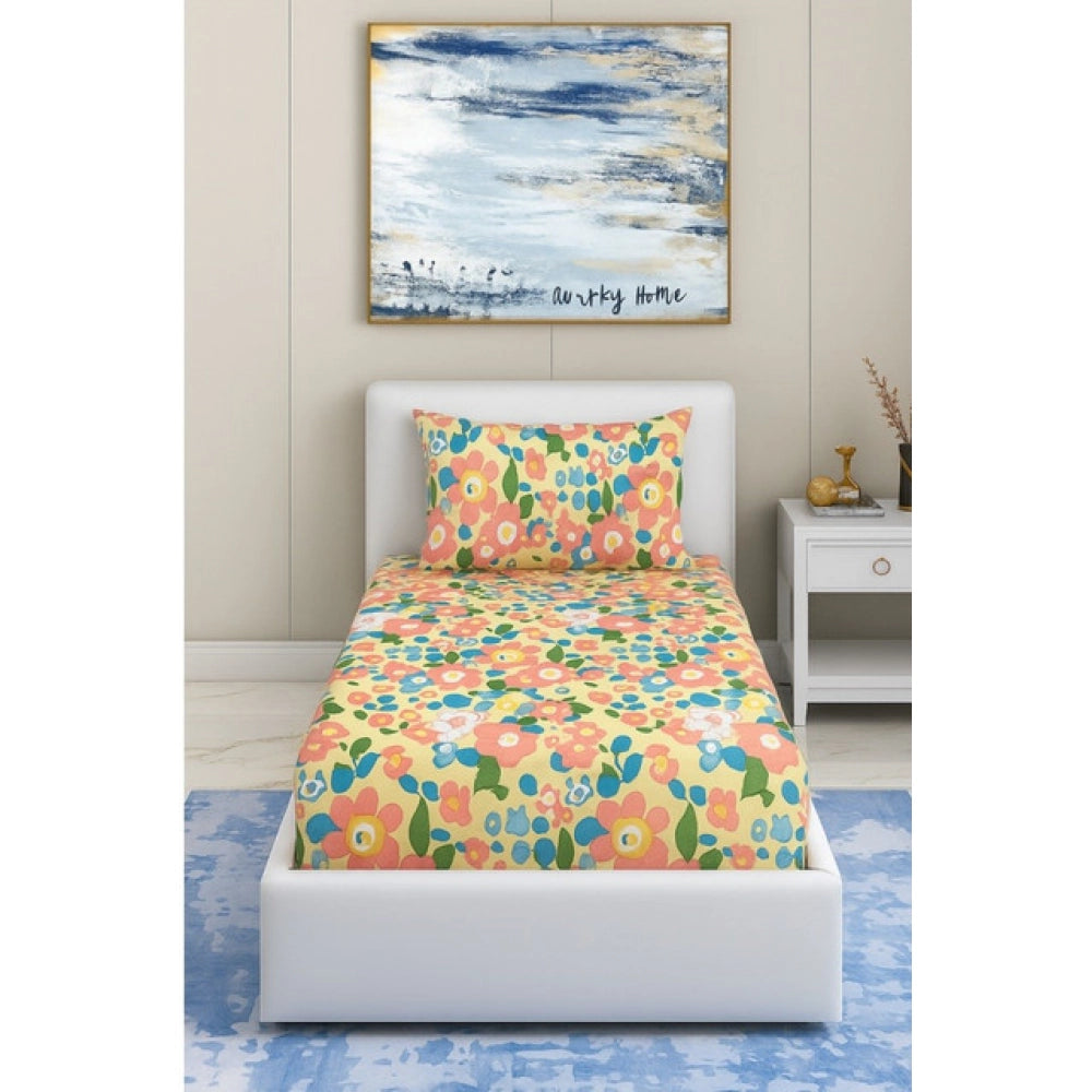 Cotton Blend Floral Printed Single Bedsheet With 1 Pillow Cove