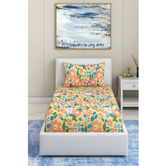 Cotton Blend Floral Printed Single Bedsheet With 1 Pillow Cove