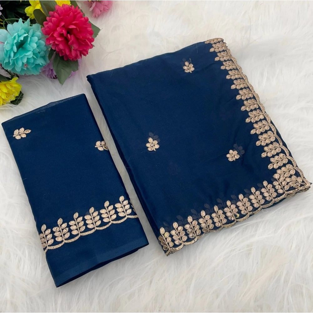 Women'S Georgette Embroidered Saree With Unstitched Blouse 5.5
