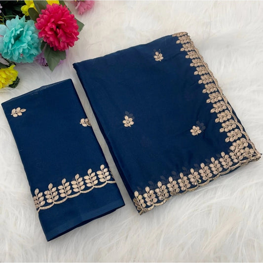 Women'S Georgette Embroidered Saree With Unstitched Blouse 5.5