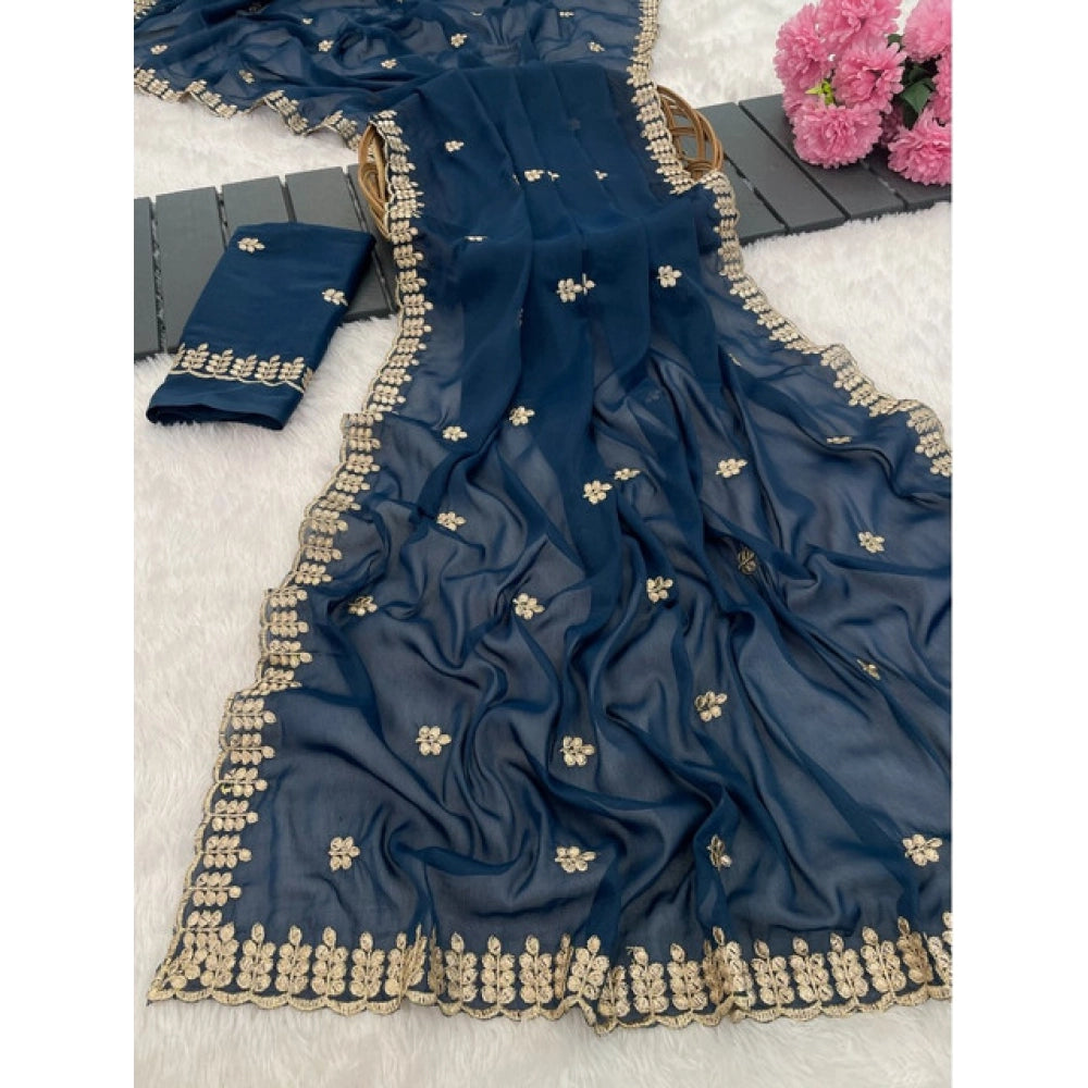 Women'S Georgette Embroidered Saree With Unstitched Blouse 5.5