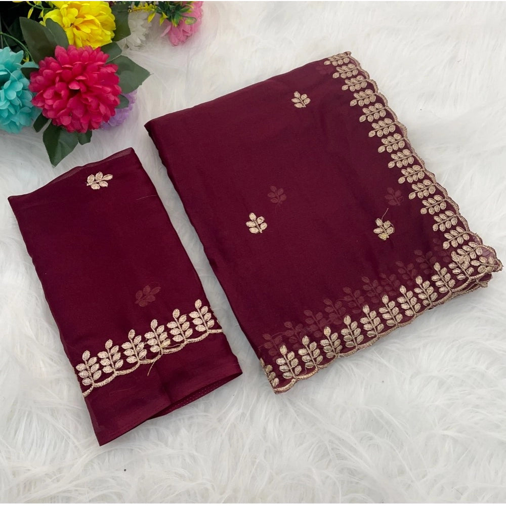 Women'S Georgette Embroidered Saree With Unstitched Blouse 5.5