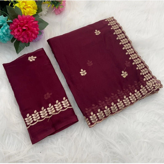 Women'S Georgette Embroidered Saree With Unstitched Blouse 5.5