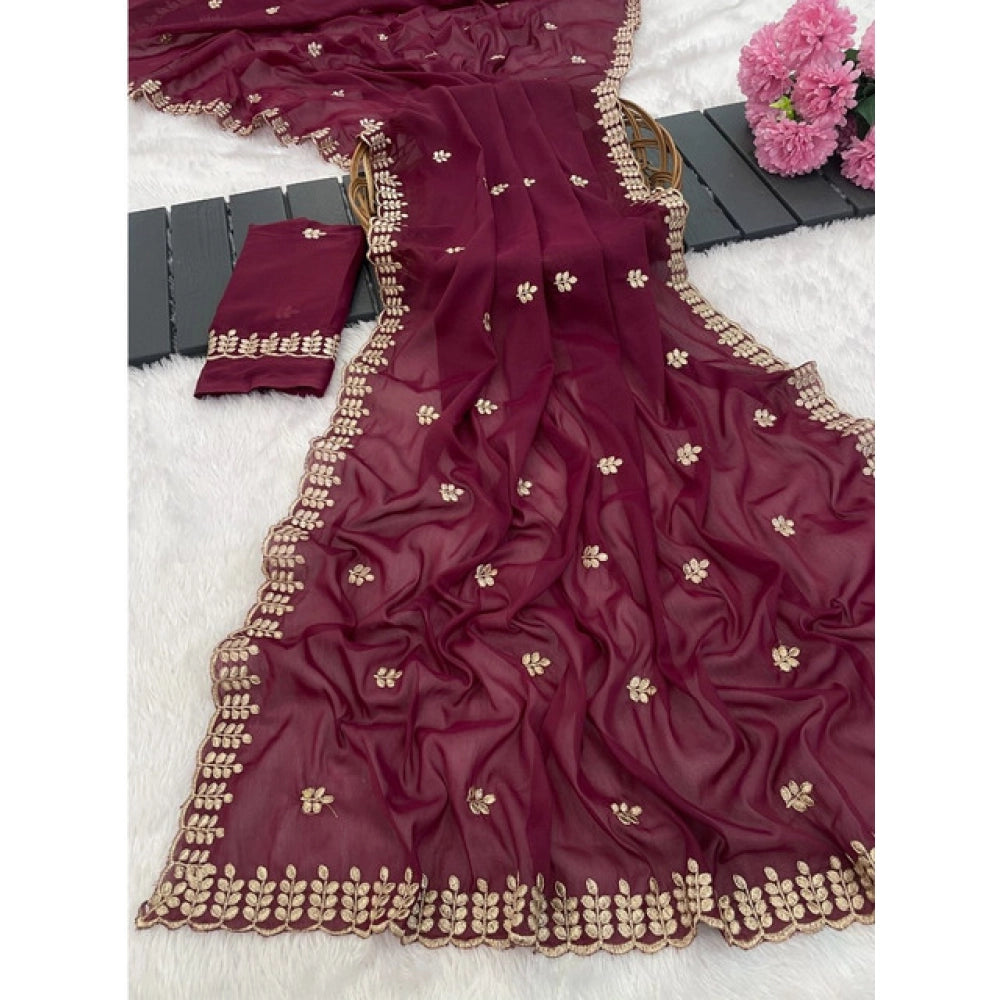 Women'S Georgette Embroidered Saree With Unstitched Blouse 5.5
