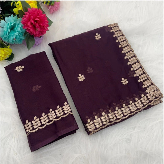 Women'S Georgette Embroidered Saree With Unstitched Blouse 5.5