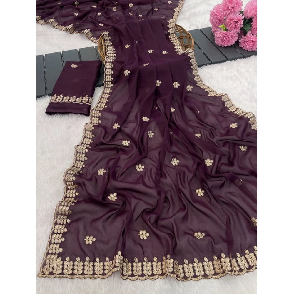 Women'S Georgette Embroidered Saree With Unstitched Blouse 5.5