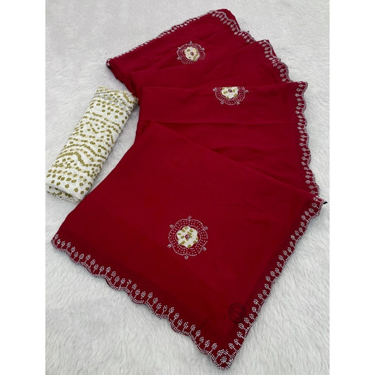 Women'S Chiffon Butti Dotted Saree With Unstitched Blouse 5.5M