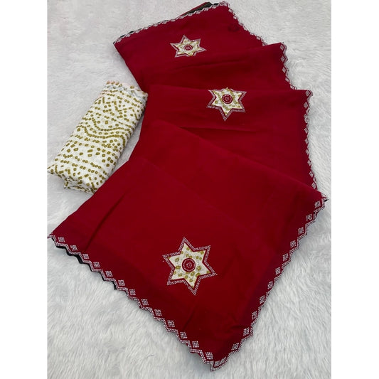 Women's Chiffon Butti Dotted Saree With Unstitched Blouse 5.5Mtr (Red) - VANSHELLE