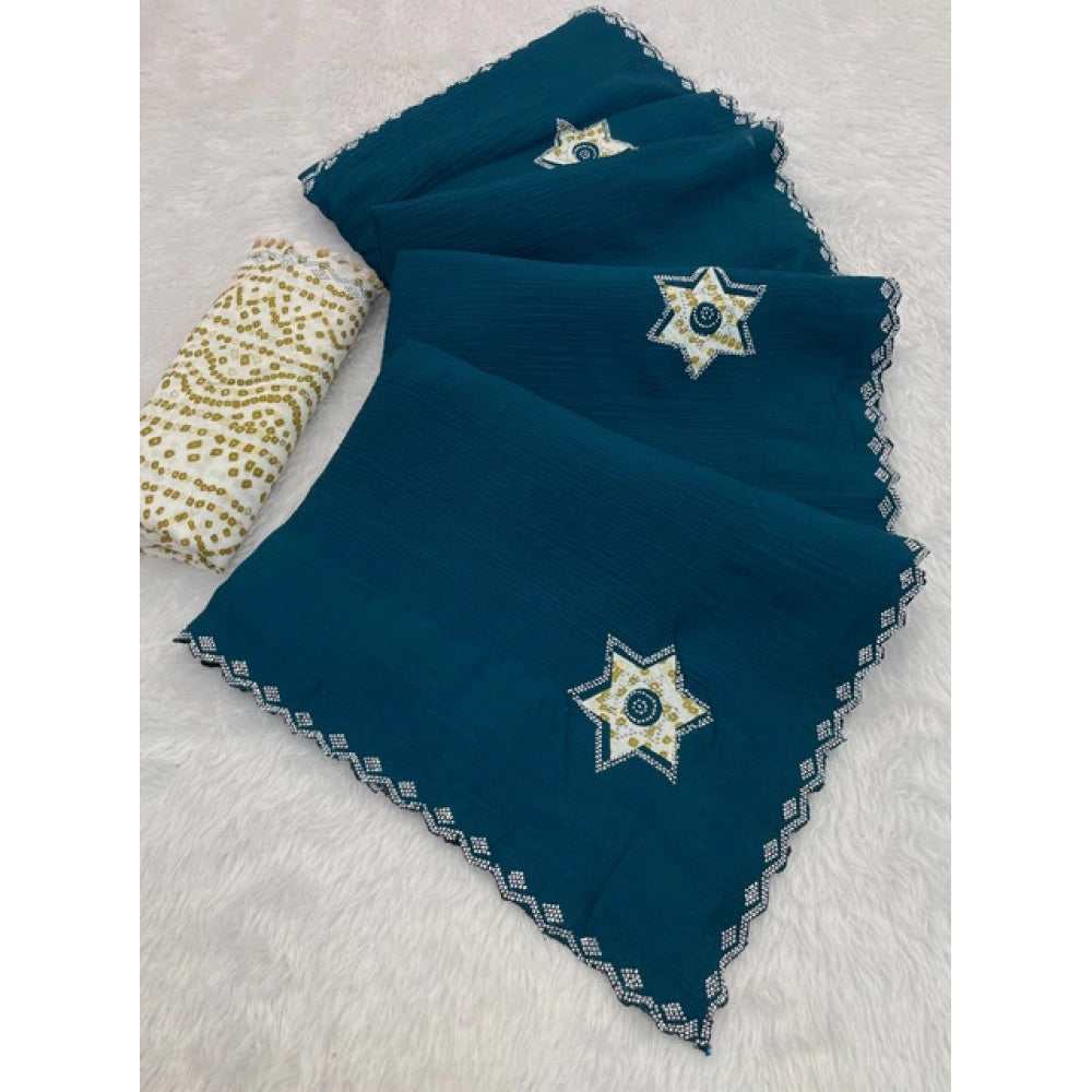 Women's Chiffon Butti Dotted Saree With Unstitched Blouse 5.5Mtr (Blue) - VANSHELLE