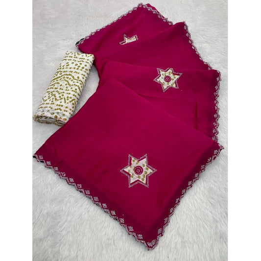 Women's Chiffon Butti Dotted Saree With Unstitched Blouse 5.5Mtr (Pink) - VANSHELLE