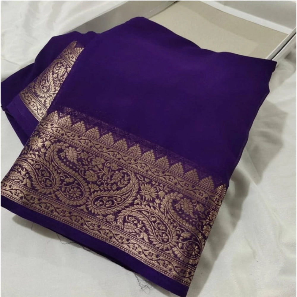 Women's Crepe Chit Pallu Solid Saree With Unstitched Blouse 5.5Mtr (Purple) - VANSHELLE
