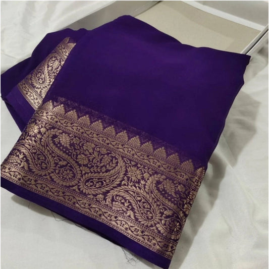 Women's Crepe Chit Pallu Solid Saree With Unstitched Blouse 5.5Mtr (Purple) - VANSHELLE
