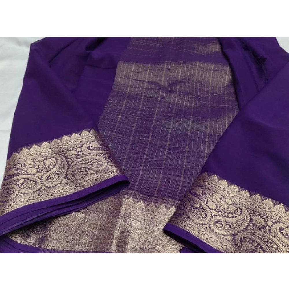 Women's Crepe Chit Pallu Solid Saree With Unstitched Blouse 5.5Mtr (Purple) - VANSHELLE