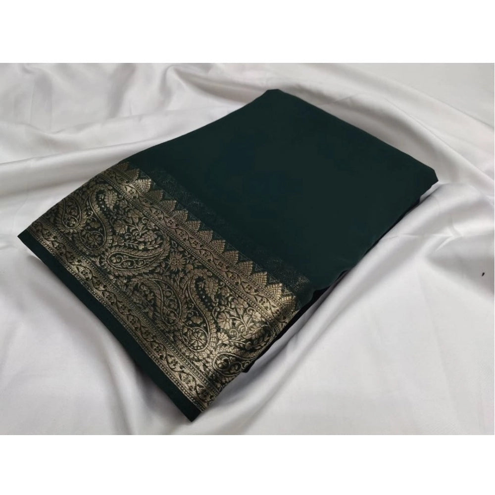 Women's Crepe Chit Pallu Solid Saree With Unstitched Blouse 5.5Mtr (Bottle Green) - VANSHELLE