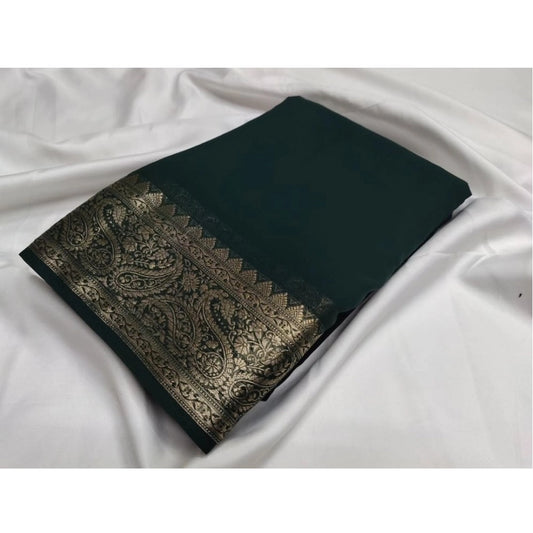 Women's Crepe Chit Pallu Solid Saree With Unstitched Blouse 5.5Mtr (Bottle Green) - VANSHELLE