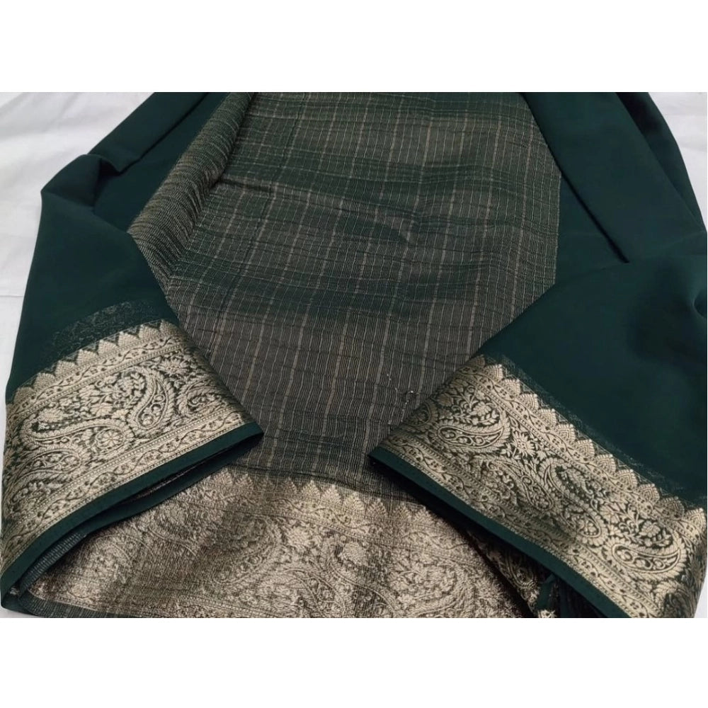 Women's Crepe Chit Pallu Solid Saree With Unstitched Blouse 5.5Mtr (Bottle Green) - VANSHELLE