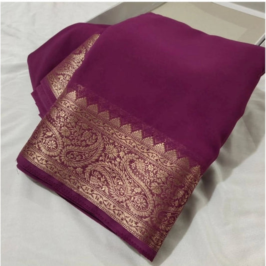 Women'S Crepe Chit Pallu Solid Saree With Unstitched Blouse 5.
