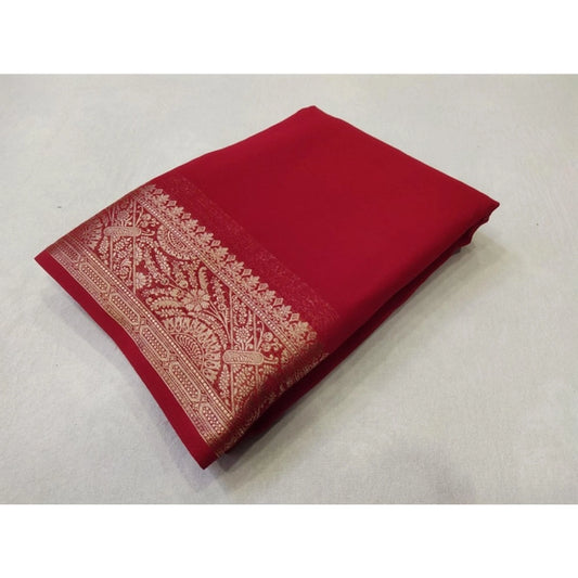 Women's Crepe Chit Pallu Solid Saree With Unstitched Blouse 5.5Mtr (Red) - VANSHELLE