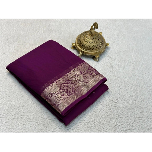 Women's Crepe Chit Pallu Solid Saree With Unstitched Blouse 5.5Mtr (Purple) - VANSHELLE